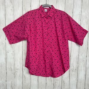 Liz Thomas Pink Floral Western Short Sleeve Button Down Collared Shirt Medium
